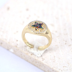 RM1409 Dainty Adjustable 18K Gold Plated CZ Micro Pave Heart Moon Crescent Star Butterfly Signet Dome Statement Ring,