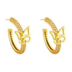EC1746 2021Gold Plated CZ Micro Pave Butterfly Love Heart Link Chain Post Semi Hoops Earring,