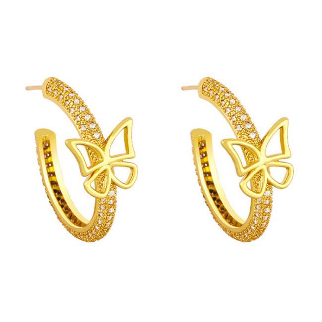 EC1746 2021Gold Plated CZ Micro Pave Butterfly Love Heart Link Chain Post Semi Hoops Earring,