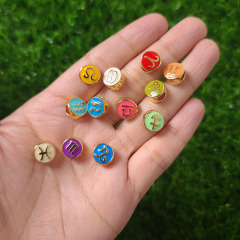 JS1637 18K Gold Plated Rainbow Colorful Enamel Brass Metal horoscope charm,zodiac astrology Spacer Coin Beads for Jewelry Making