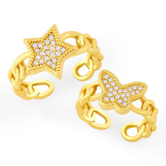 RM1201 Dainty Delicate Gold Plated Diamond CZ Micro Pave Heart Star Butterfly with Cuban Chain Stack Rings for Ladies