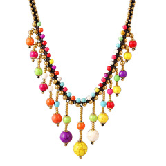 NN1134 Fashion Bohemian Bolo Turquoise Beads and Antique Bronze Round Beaded Drop Charms Collar Bib statement Macrame necklace