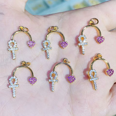 CZ8341 New Dainty Mini Small Double Clear CZ Diamond Star Heart Charms,Tiny Pink Zircon Cubic Zirconia Cross Charms Pendant