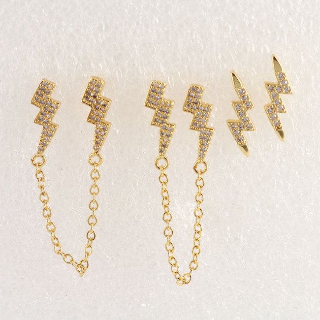 EC1655 Gold CZ Heart Star Butterfly Lightning Bolt with Chain Stud Earring,double piercing threader earrings, Chain Double Studs