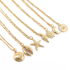 NZ1171  new arrival fashion shell pendant brass charm with cubic zircon trendy women chain starfish and crescent ladies necklace