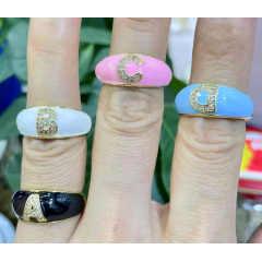 RM1258 Pink Blue Black White Rainbow Enamel Letter Ring , Cubic Zirconia CZ Initial Ring , Gold Personalized Thick Band Rings