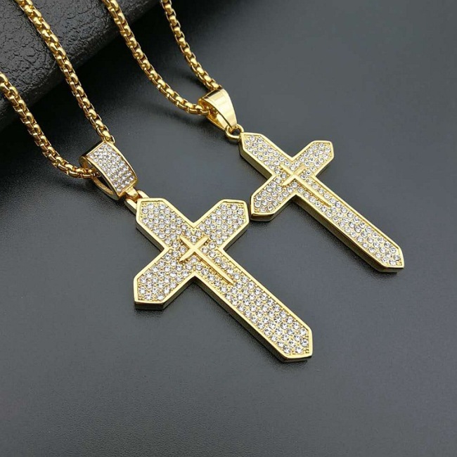NS1148 fashion hiphop 18K gold plated stainless steel box chain necklace, charm stainless steel CZ cross pendant men necklace