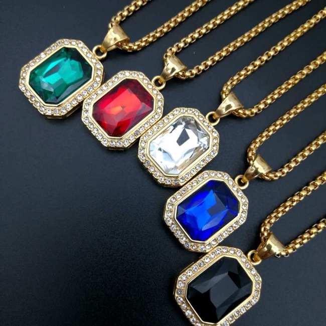 Unisex High Quality Hiphop Hip Hop Stainless Steel Jewelry Crystal Pave Rectangle Pendant Box Chain Necklace for Gentlemen Men