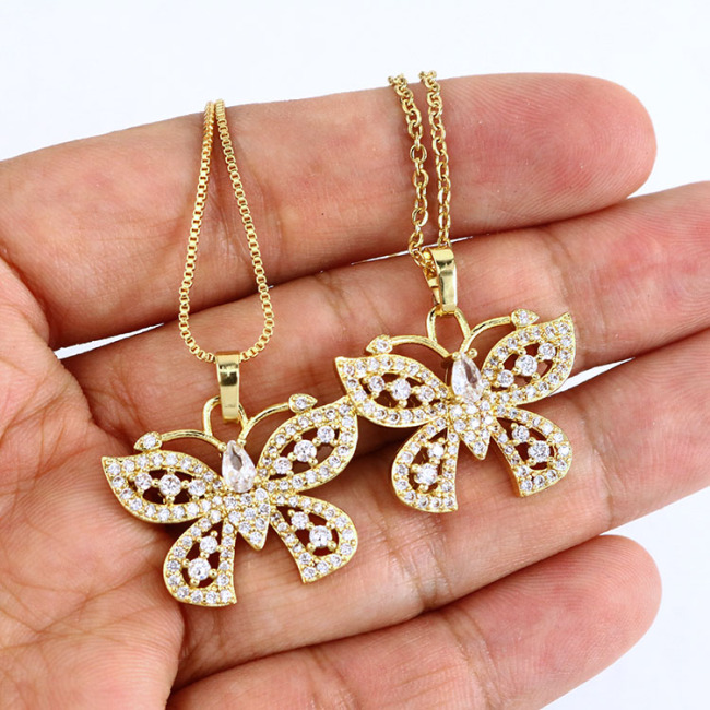 NZ1125 Chic Bling Blingbling Iced Out CZ Zircon Micro Pave Butterfly Charm Pendant Chain Necklace for Women