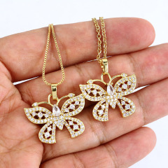 NZ1125 Chic Bling Blingbling Iced Out CZ Zircon Micro Pave Butterfly Charm Pendant Chain Necklace for Women