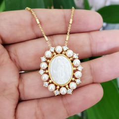 NZ1197 fashion blessed pearl Virgin Mary women chain necklace, charm Mother Mary circle pearl pendant ladies necklace