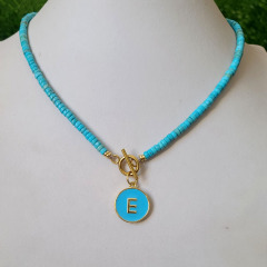 NN1139 Fashion Natural Turquoise Stone Heishi Beaded Toggle Clasp Enamel Letter Initial Choker Necklace