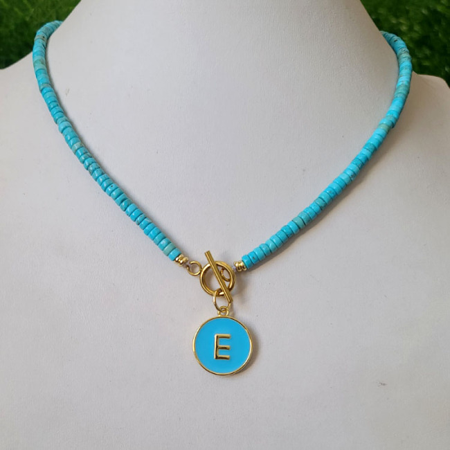 NN1139 Fashion Natural Turquoise Stone Heishi Beaded Toggle Clasp Enamel Letter Initial Choker Necklace
