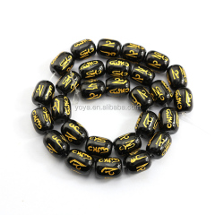 AB0687 Gold Mantra Carved Black Agate Barrel Beads,Tibetan om mantra etched black agate barrel beads
