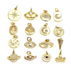 CZ8292 wholesale tiny CZ brass charm evil eyes & crown, jewelry findings copper circle pendant for women's necklace