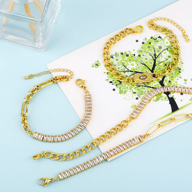 BC1386 18K Gold Plated Half Curb Chain Half CZ Cubic Zirconia Baguette Tennis Toggle Bracelets