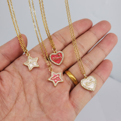 NS1195 Trendy enamel heart pendant women necklace,fashion water proof stainless steel O chain Diamond star ladies necklace
