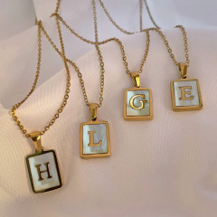 IPG Gold Stainless Steel Letter A-Z Initial Necklace For Women White Rectangle Shell Alphabet Pendant Necklace