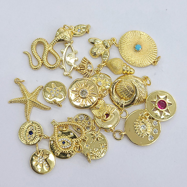 CZ8436 Fashion Dainty 18k gold plated CZ micro pave diamond Shell Starfish Evil Eye Star Tree Signet Disc Round Charm Pendants