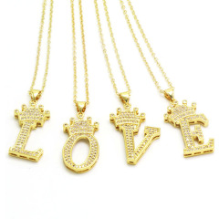 NZ1241 Bling Jewelry Gold Cubic Zirconia Diamond Crown Alphabet Letter Charm Pendant Chain Necklaces Initial jewelry for Women