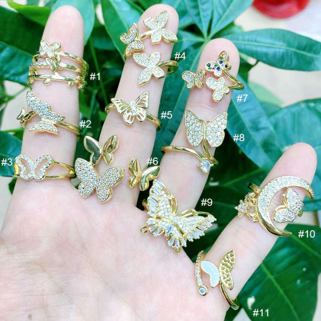 RM1361 Dainty New Gold Crystal Diamond CZ Paved Filigree Butterfly Rings for Ladies Women 2021