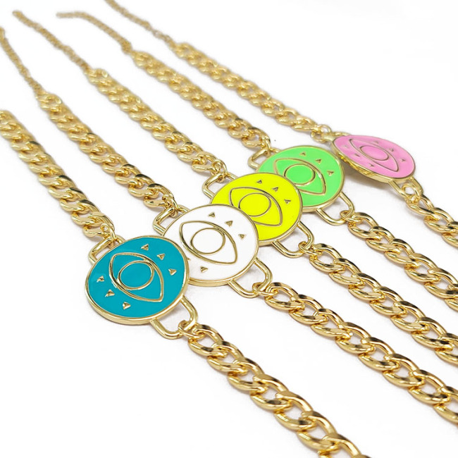 BM1049 Fashion Large Big Rainbow Enamel Multi Colored Neon Evil Eye Disc Charm Curb Chain Bracelets