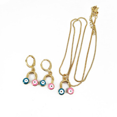 S11086 Unique 18k Gold Plated Enamel Evil Eyed Horseshoe Charm Pendant Necklace Earring Women Accessories Jewelry Sets
