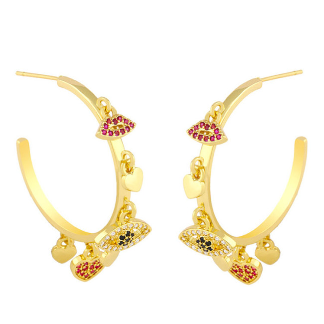 EC1727 2021 Womans Fashion Gold Plated Clear CZ Micro Pave Evil Eyes Heart Dangle Charm Hoop Earrings