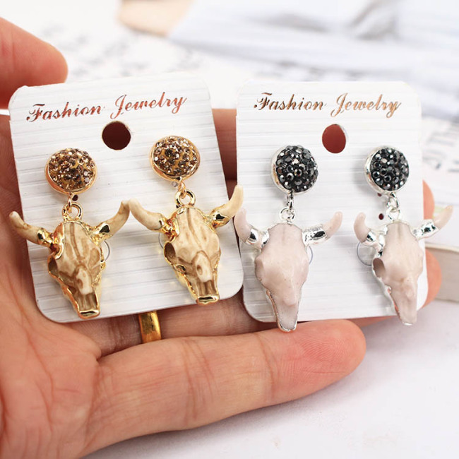 ER1029 Rhinestone Pave Stud with Gold Plated Oxhead Bull Head Charm Earrings