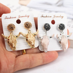 ER1029 Rhinestone Pave Stud with Gold Plated Oxhead Bull Head Charm Earrings