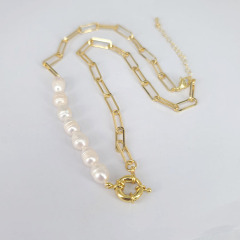 NP1020 Fashion Popular Chic Gold Half Freshwater Pearl Half Paperclip Link Chain Spring Sailors Spring Clasp Necklace