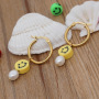 EP1011  Smiley Face Jewelry,Freshwater Pearl Earrings,Smiley Charm Stainless Steel Hoops