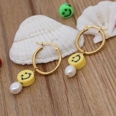 EP1011 Smiley Face Jewelry,Freshwater Pearl Earrings,Smiley Charm Stainless Steel Hoops