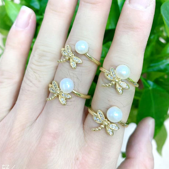 RM1303 Gold Silver Plated Minimalist Micro Pave CZ Insect Butterfly Dragonfly Bee Bird Animal and Pearl Open Rings