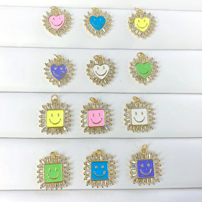 CZ8434 Jewelry Supplies Rainbow Colored Enamel Gold Crystal CZ Micro Pave Round Heart Square Smiley Charm Pendants
