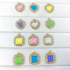 CZ8434 Jewelry Supplies Rainbow Colored Enamel Gold Crystal CZ Micro Pave Round Heart Square Smiley Charm Pendants