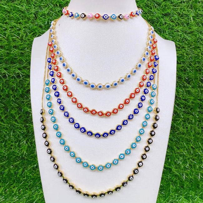 NM1182 Chic 18k Gold Plated Multicolor Rainbow Enamel Evil Eyes Slide Chain Choker Necklaces for Women Ladies
