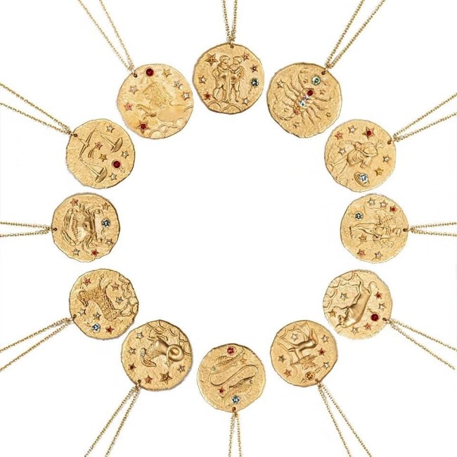 NZ1143 Star Constell Rainbow Gold Plated Brass CZ Micro Pave Horoscope Zodiac Sign Round Coin Disc Pendant Necklace