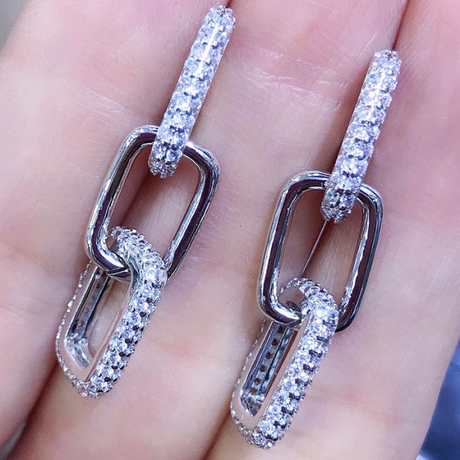 EC1682 2021 Chic Cubic Zirconia CZ Micro Pave Paper Clip Link Chain Dangle Charm Earrings