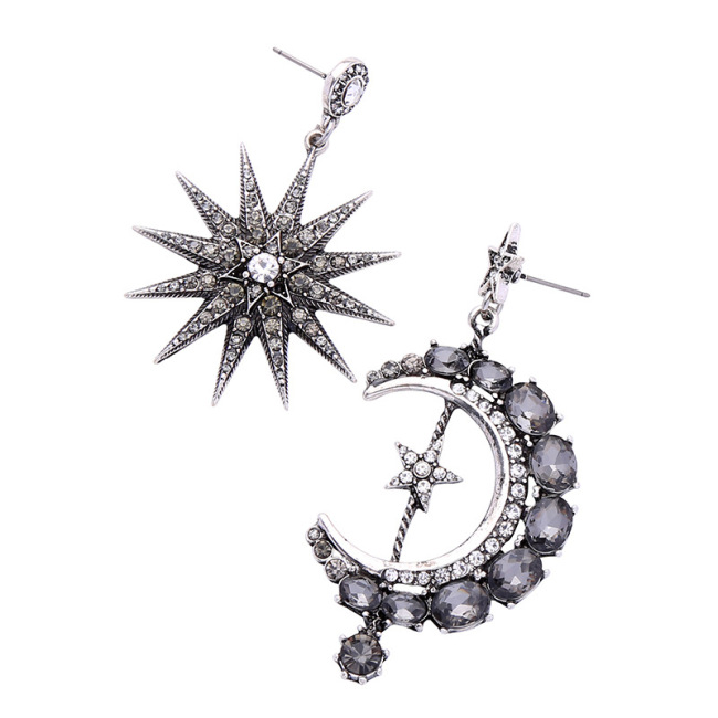 EM1110 Hot Sale Crystal Pave Moon Crescent and Star Mismatched Dangle Earrings for Women