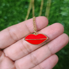 NM1189 18K Gold Plated Colored Enamel Neon Red Pink Lip Pendant Stainless Steel Chain Necklace