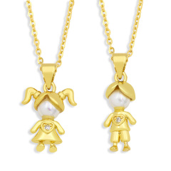 NZ1199 Trendy 18k Gold pearl boy and girl pendant necklace ,fashion cubic zirconia CZ kids children charm chain ladies necklace