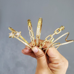 BC2027 Chic 18k Gold plated Diamond CZ Micro Pave Cross Star Curb Cuban Chain Handcuff Cuff Stacking Bangle Bracelets