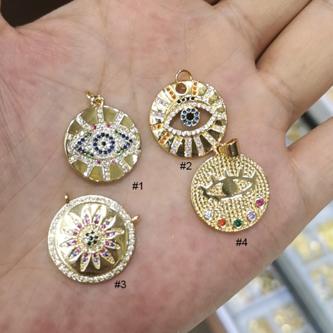 CZ8104 CZ Micro Pave EvilEye Disc Charm Pendant, Diamond Cubic Zirconia Pave Eye Round Pendant