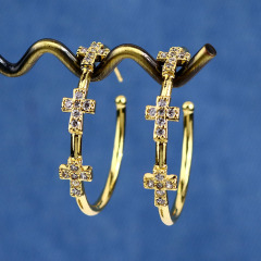 EC1638 Popular Chic Dainty 18k Gold Plated Zircon CZ Micro Hoops with Cross Charm Huggie Earring