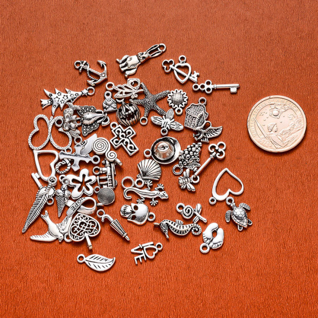 JF3801 Bulk Assorted Antique Silver Tone Alloy Metal Animal Heart Cross Feather Flower Charms for DIY Jewelry Making