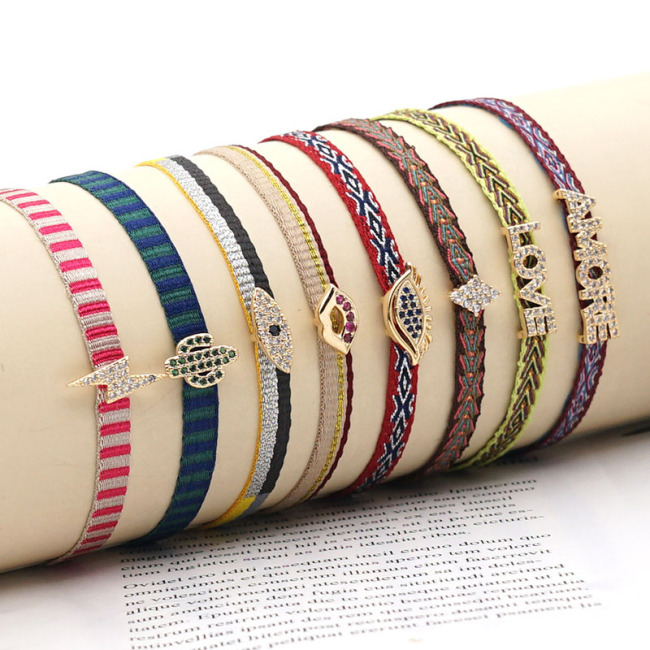 BC3001 Chic Retro Bohemian Rainbow handmade Embroidery friendship bracelets with CZ Micro Pave Eye Cactus Words Charm