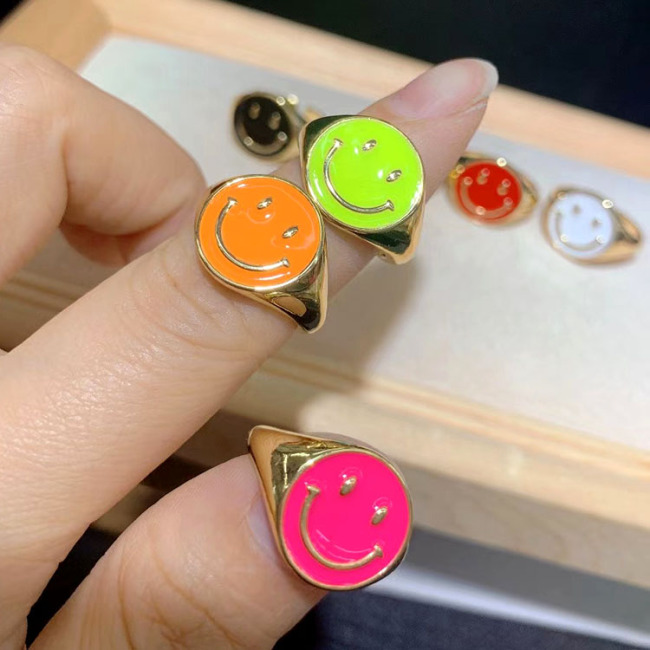RA1005 New Dainty Minimalist Bling 18K Gold Plated Neon Rainbow Enamel Smile Face Smiley Open Rings For Women Ladies