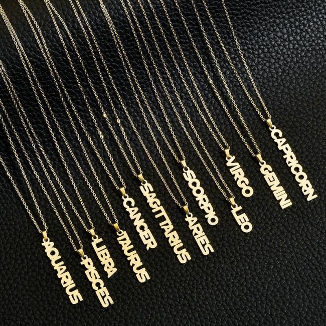 NS1086 Star Constell IP Gold Plated Stainless Steel Horoscope Zodiac Sign Vertical Bar Pendant Necklace