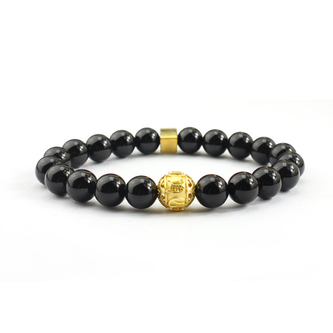 BN1003 Newest Plated Matte Gold Mantra Focal Bead Bracelet , Natural Elastic Onyx Beads Bracelets